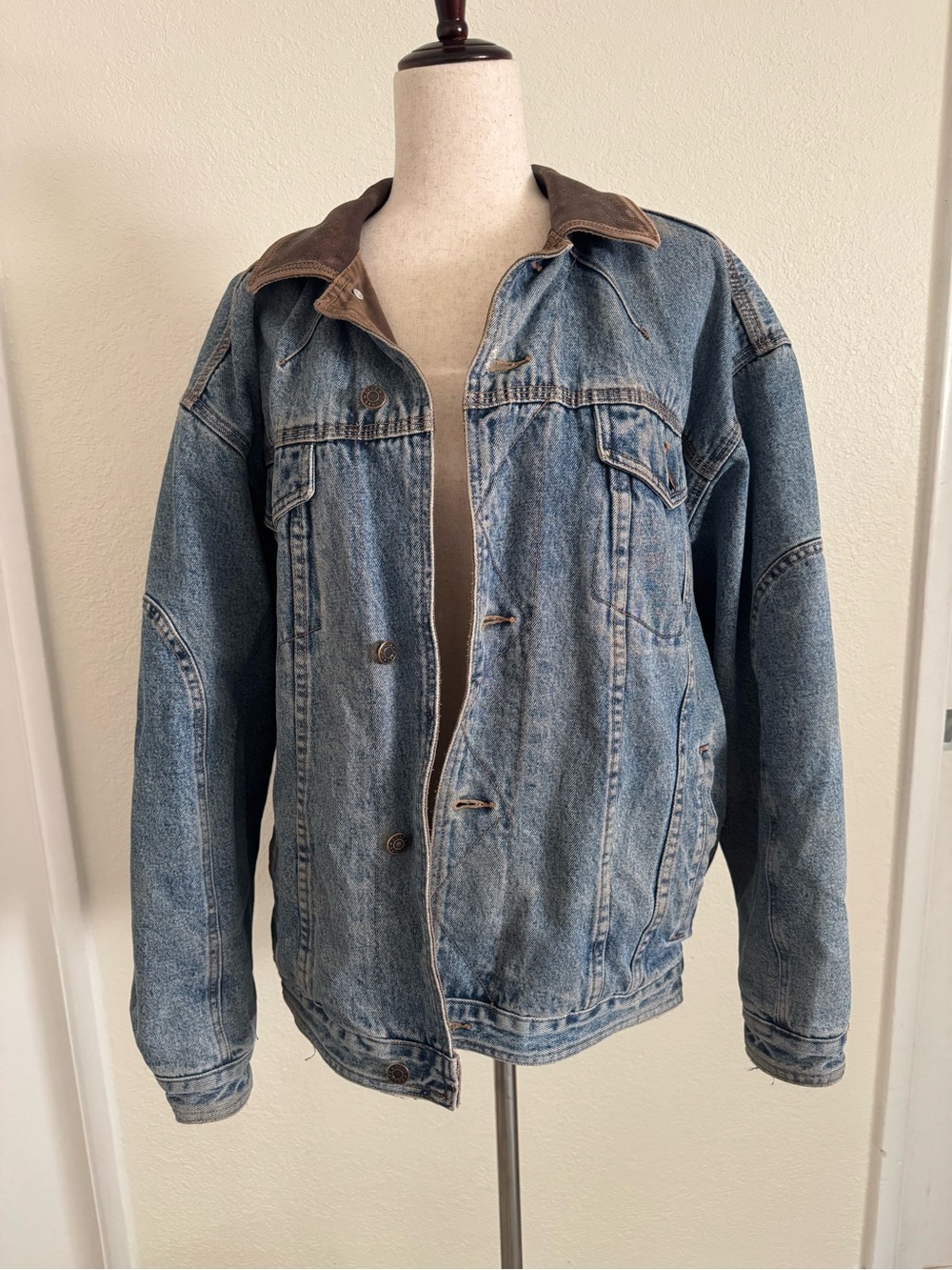 Vintage 90s Nuovo County Seat Denim Jacket Leather Collar Plaid Lined